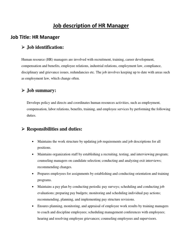 Job Description of Hr Manager Employment Human Resource Management