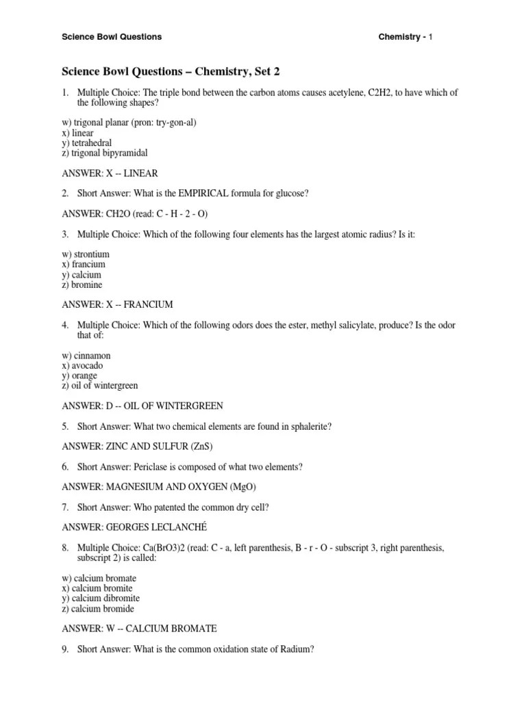 Science Bowl Questions Chemistry 1 PDF