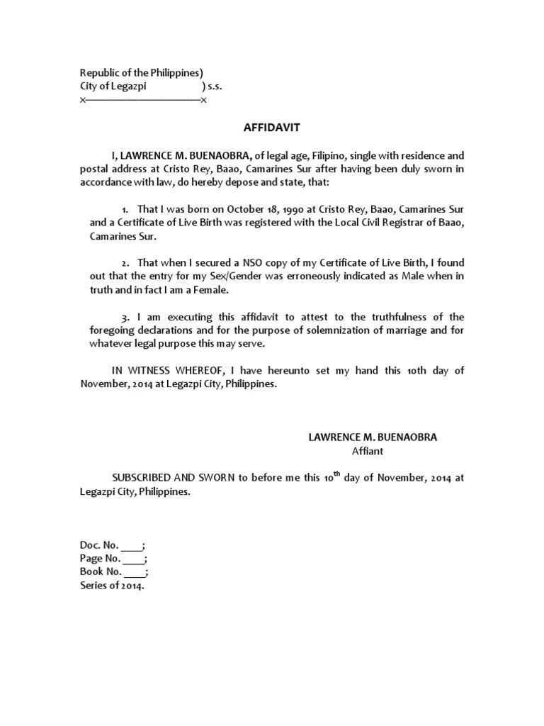 Affidavit Discrepancy in Gender