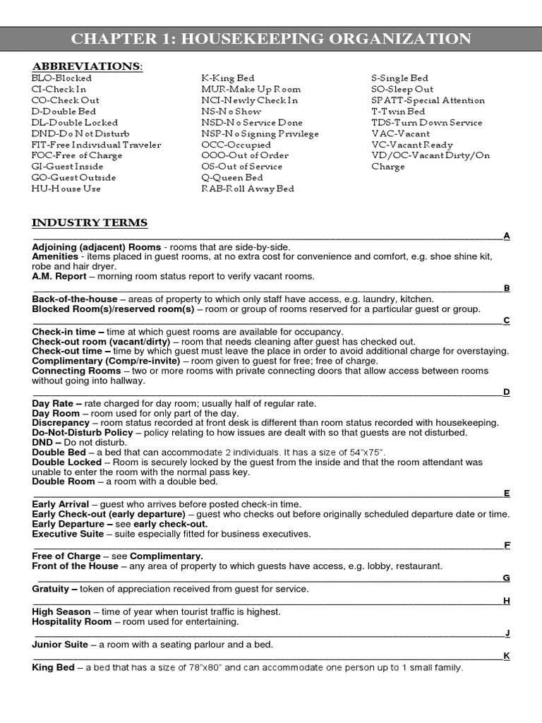 Industry Terms & Abbreviations Used in The Housekeeping Industry PDF Housekeeping Room