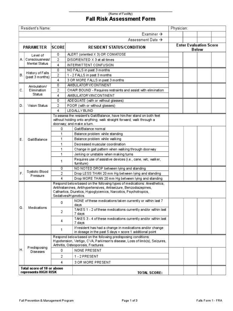 Fall Risk Assessment Form PDF Walking Pharmaceutical Drug