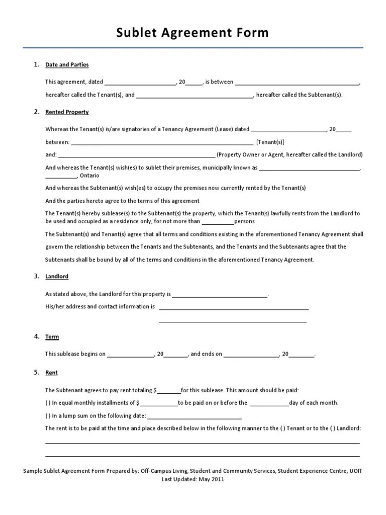 Sample Sublet Agreement Form Civil Law Law) Lease