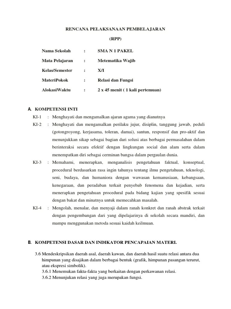 Rpp K13 Relasi Fungsi SMA kelas X