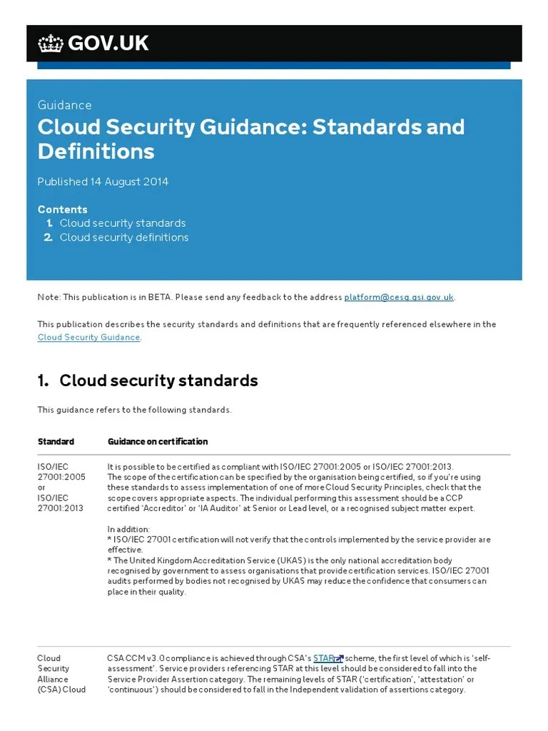 Cloud Security Guidance Standards and Definitions Cloud Computing