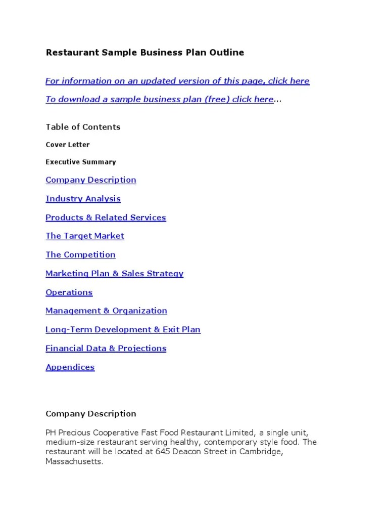 Feasibility Study Restaurant Sample Business Plan Outline PDF