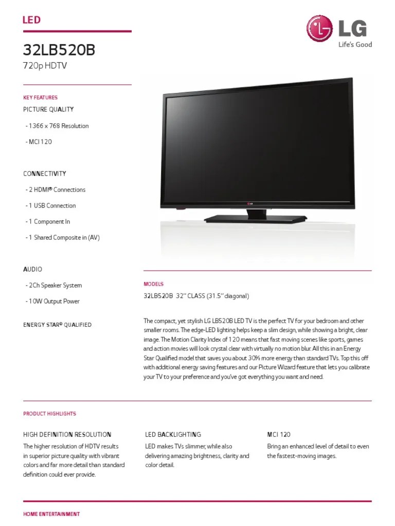 32LB520B Spec Sheet Display Resolution Television