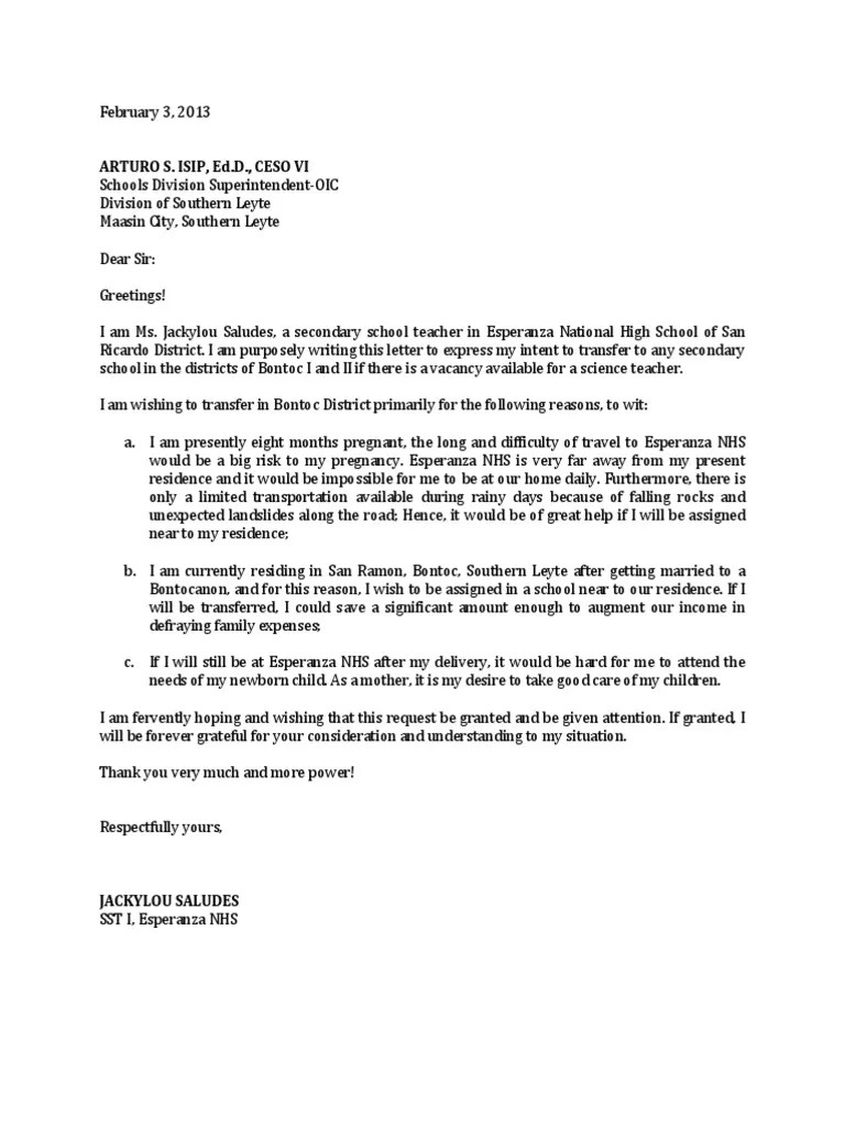 Letter for Transfer of assignment