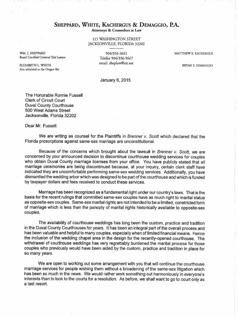 Letter to Duval Clerk of Courts concernig courthouse weddings