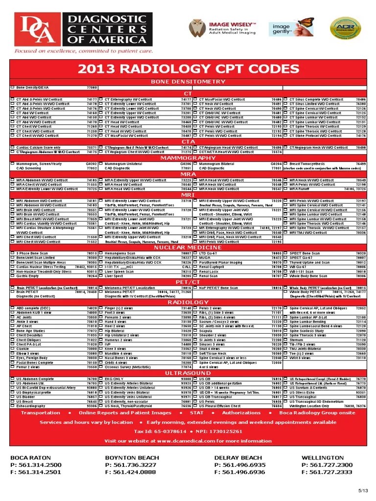 Dca Cpt Codes Vertebral Column Mammography