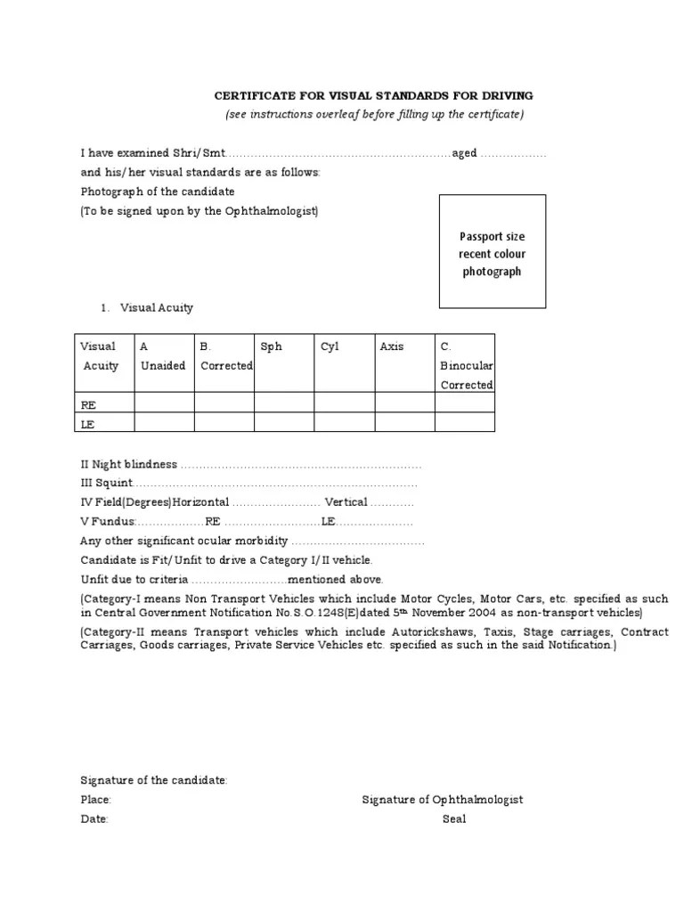 Eye Certificate Visual Acuity Ophthalmology