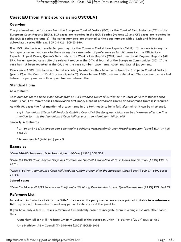 Citing EU Cases From Print Source Using OSCOLA Citation