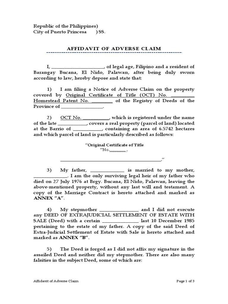 Affidavit of Adverse Claim Deed Affidavit