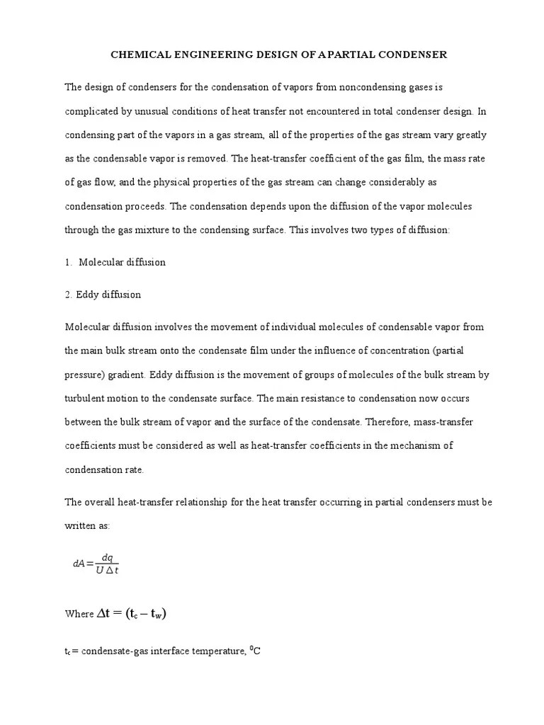 Chemical Engineering Design of A Partial Condenser PDF Diffusion Heat Transfer