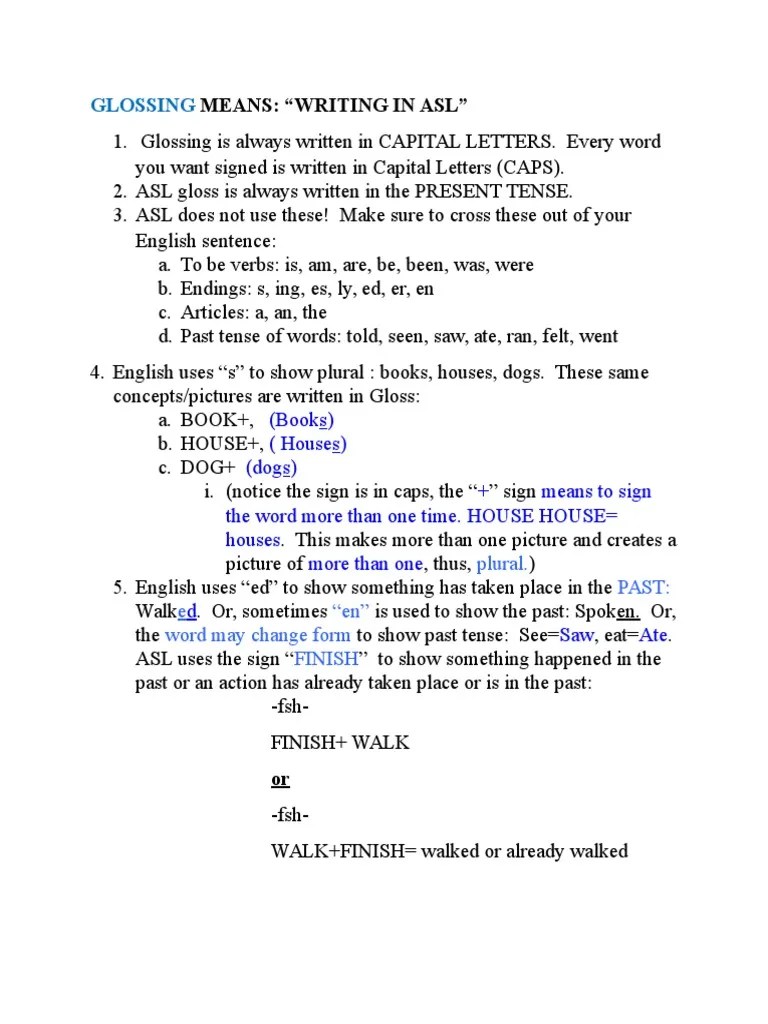 Glossing Work PDF American Sign Language Grammatical Tense