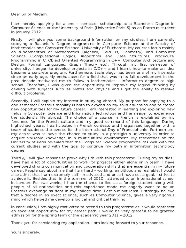 Letter of Motivation Erasmus Computer Science Physics & Mathematics