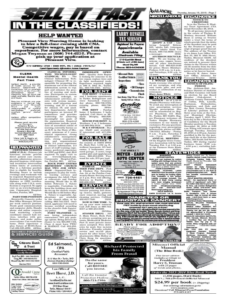 Tarkio Avalanche Classifieds PDF Nursing Health Care