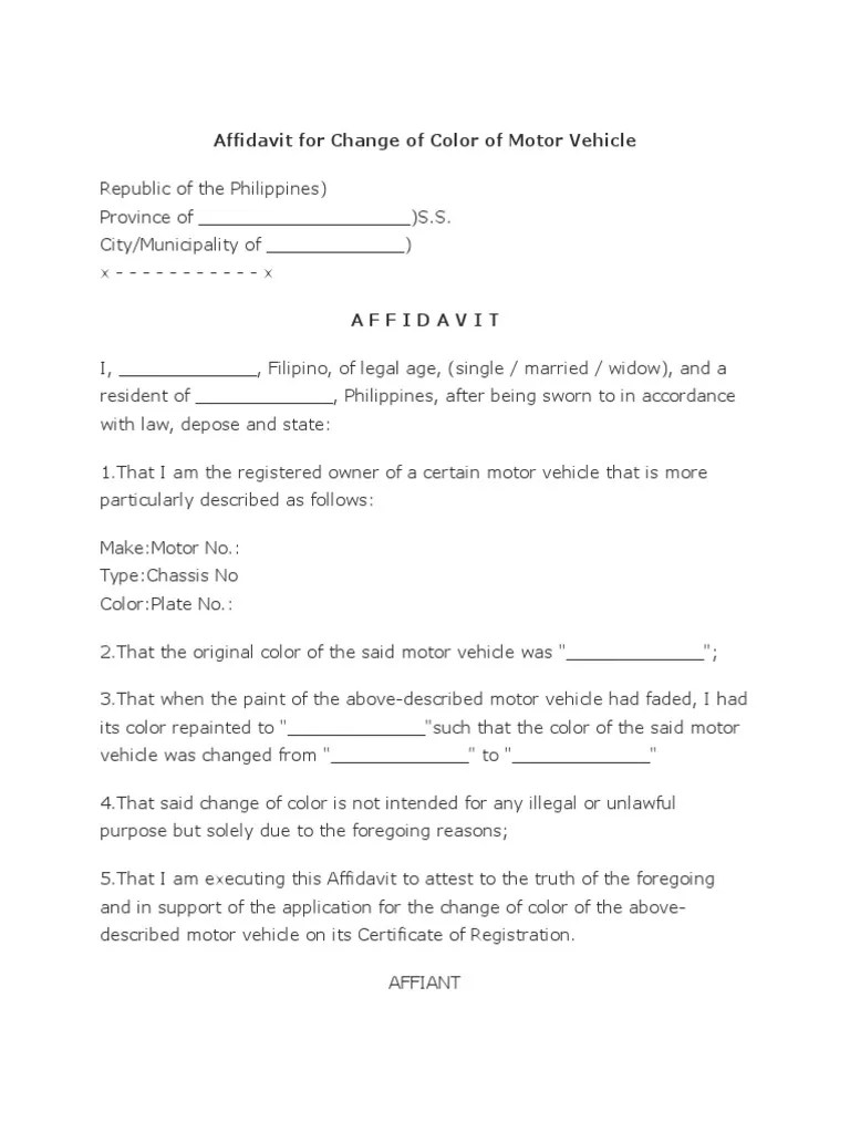 Affidavit For Change of Color of Motor Vehicle PDF