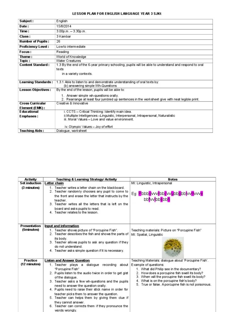 Lesson Plan Listening and Speaking Lesson Plan Question Free 30