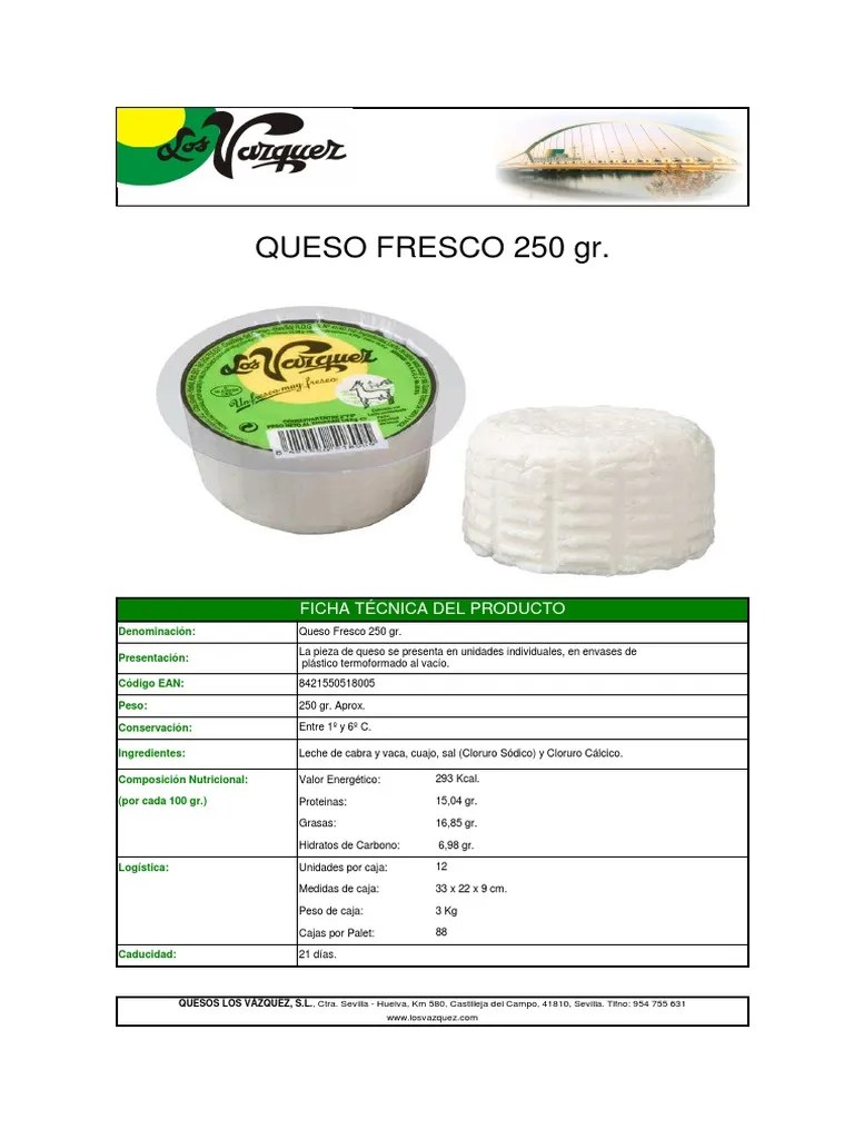 Ficha tecnica de Queso fresco Queso Postres