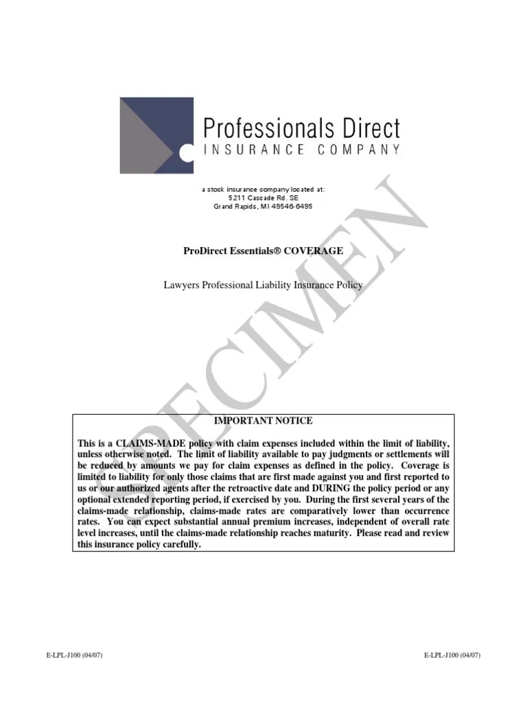Specimen Policy Lawyers Professional Liability Insurance Chubb