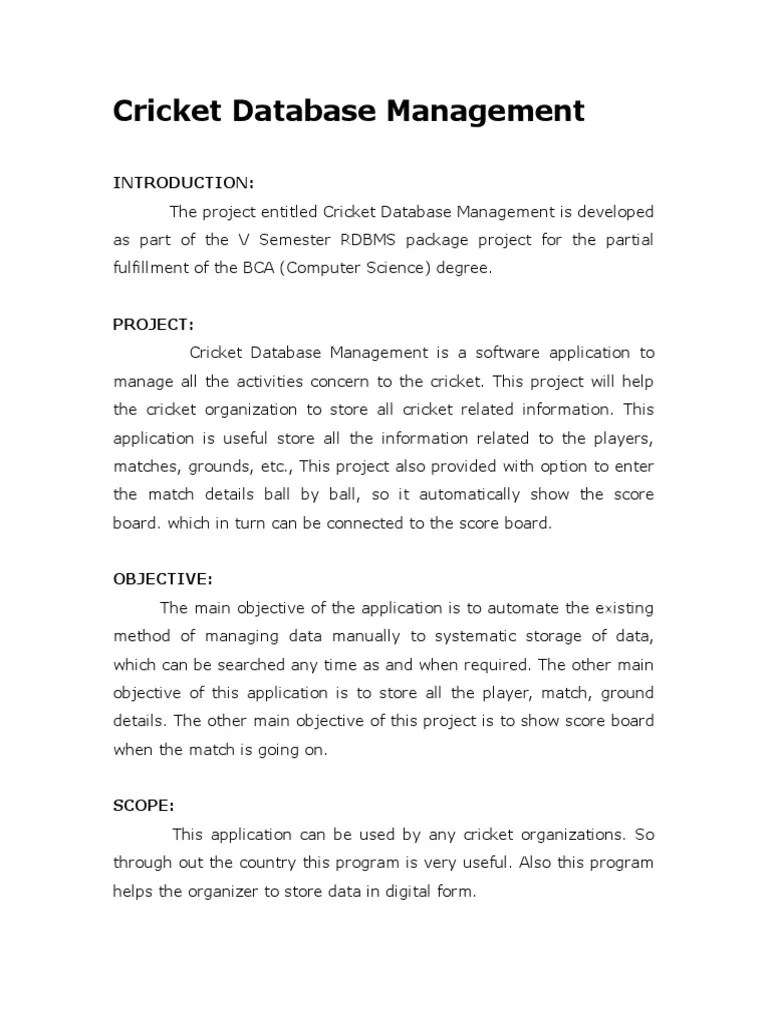 Synopsis Cricket Database Management 2 PDF Microsoft Sql Server