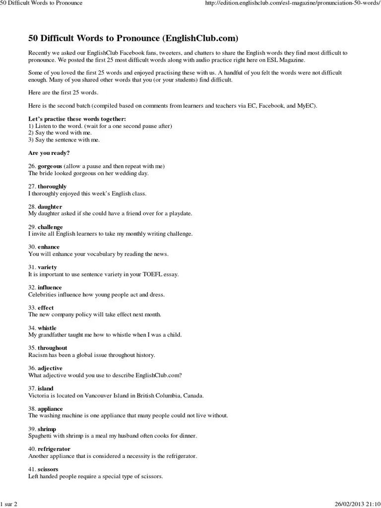 50 Difficult Words To Pronounce PDF English Language Vocabulary