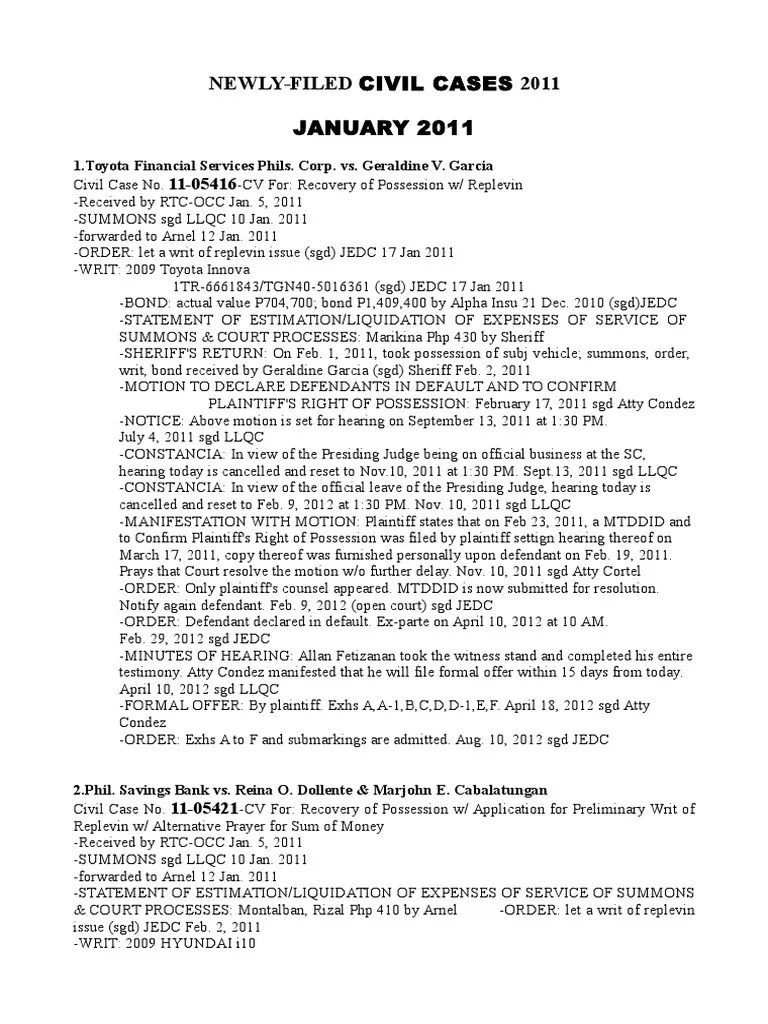 Sample List of Court Docket Lawsuit Service Of Process