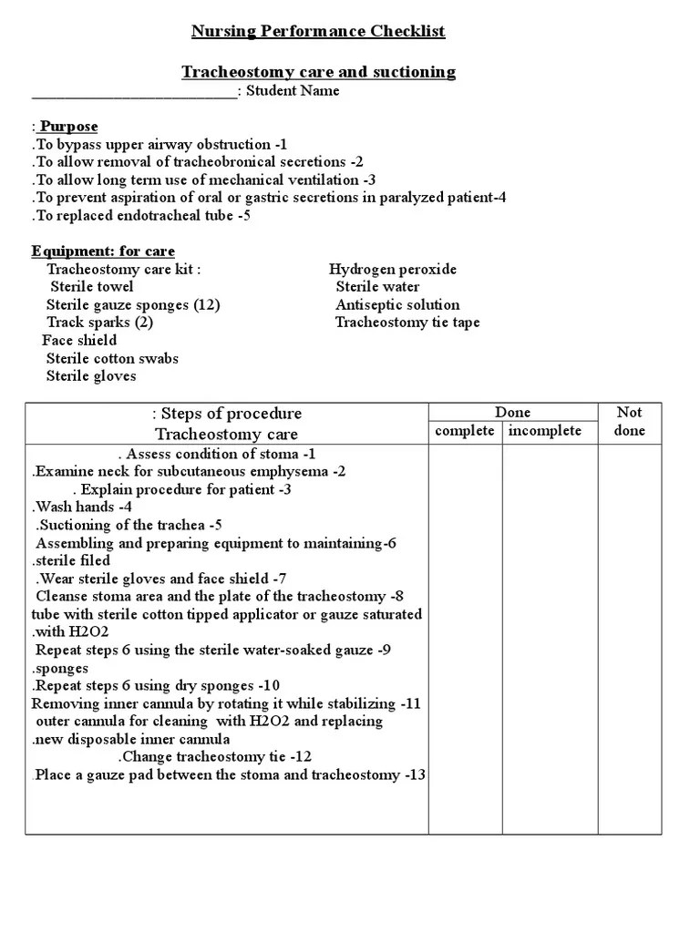 Nursing Performance Checklist Tracheostomy Medical Treatments