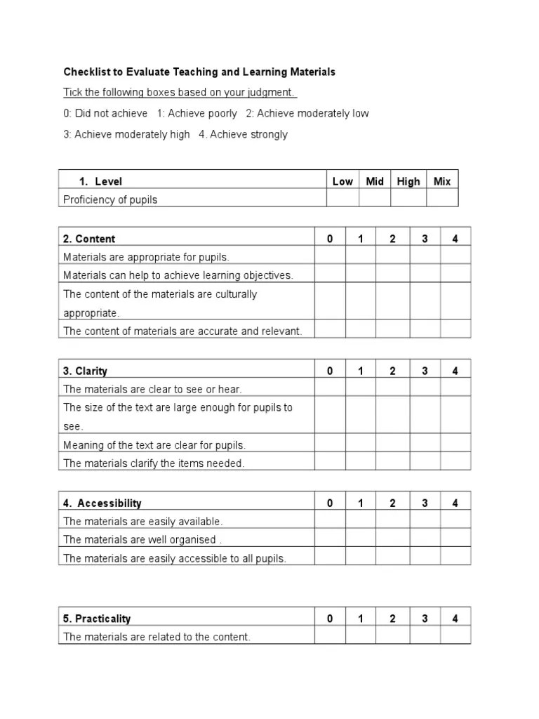 Checklist to Evaluate Teaching and Learning Materials