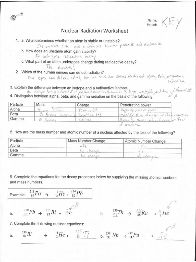 Nuclear Radiation Decay Equations WORKSHEET KEY