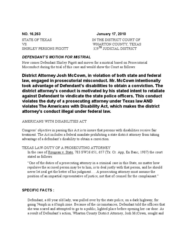 Pigott Wharton Motion for Mistrial Based on Prosecutorial Misconduct of