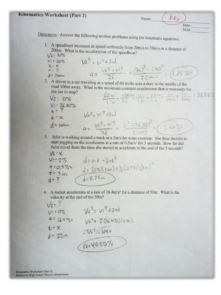 Kinematics Worksheet (Part 2) Answer Key