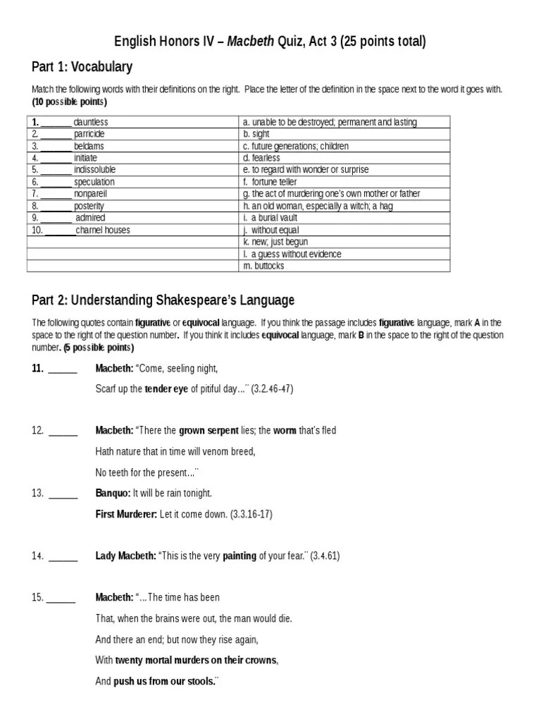 Eng 4 Hon Macbeth Act 3 Quiz Macbeth Tragedy Plays