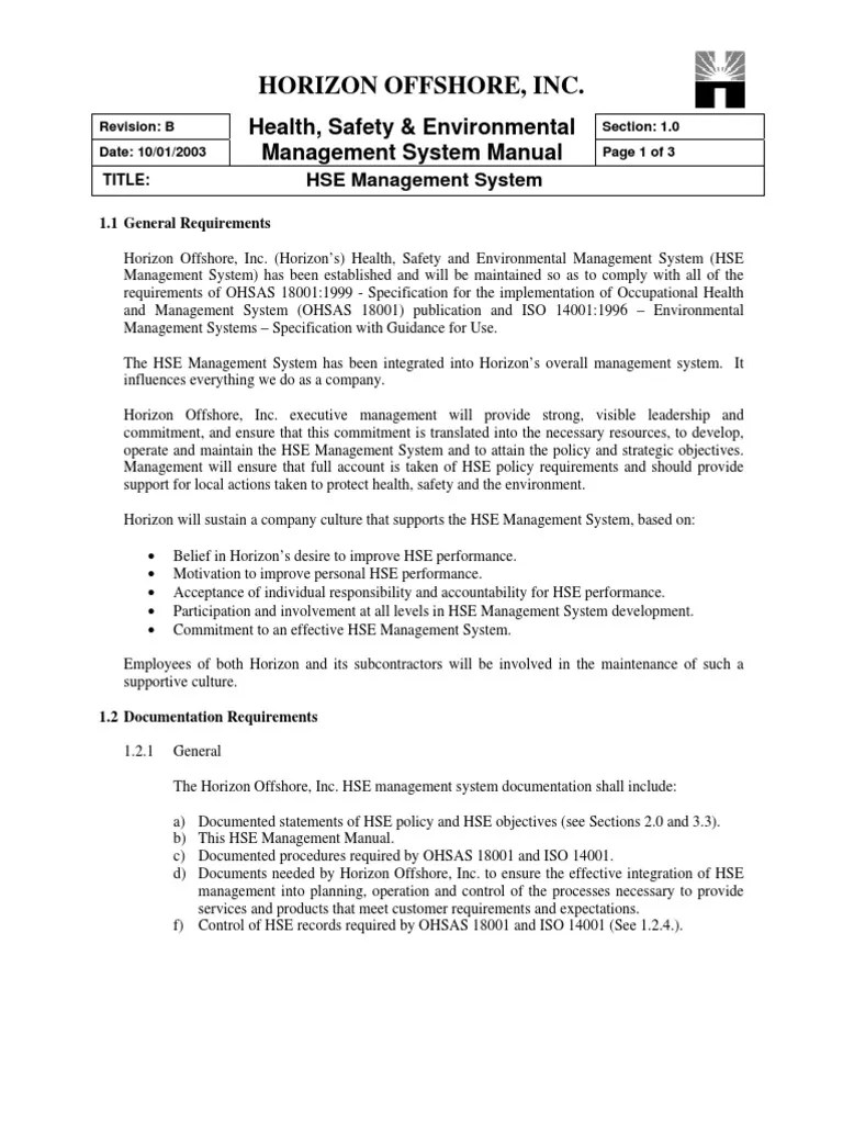HSE Manual 1 0 HSE Management System Occupational Safety And Health