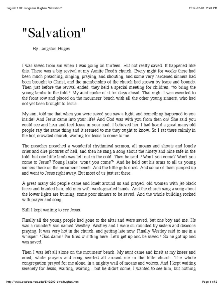 salvation by langston hughes narrative essay Sermon Lamb Of God