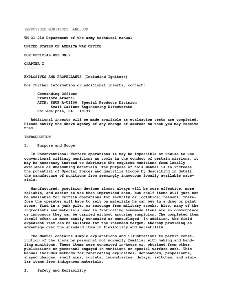 Military Us Army Weapons Tm 31210 Improvised Munitions