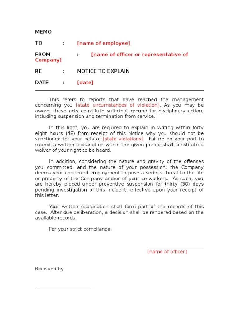 Notice to Explain Template With Preventive Suspension Government