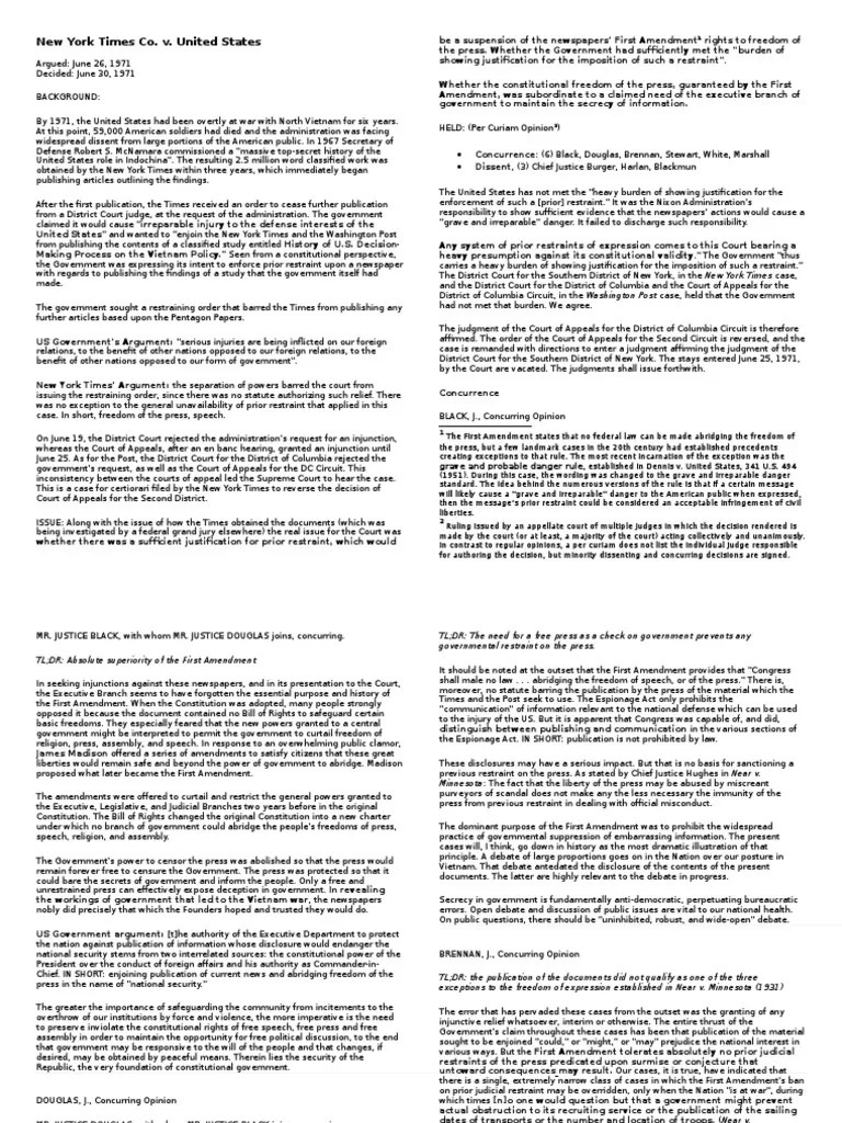 New York Times V USdigest Download Free PDF First Amendment To The