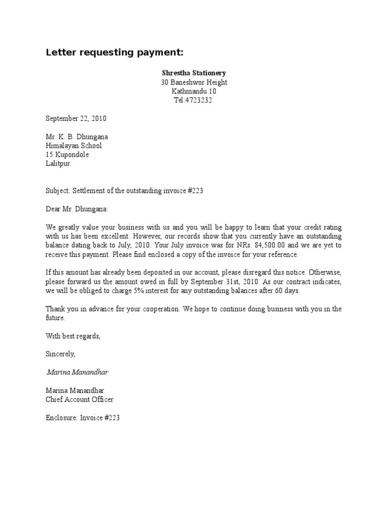 Letter Requesting Payment