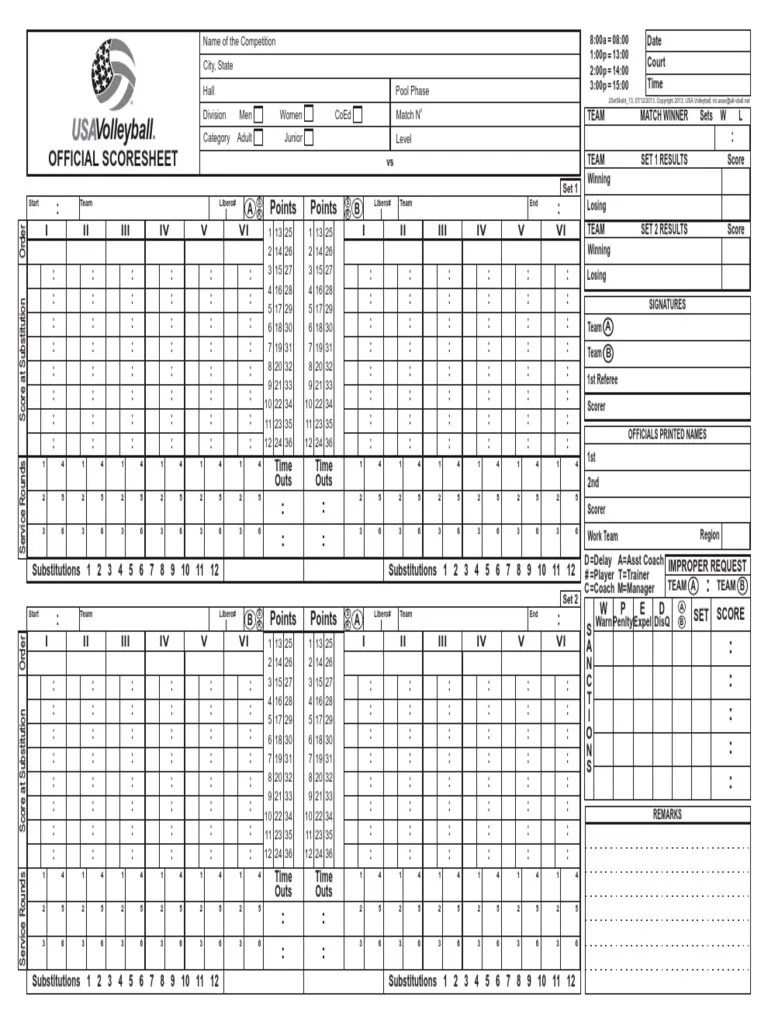 Volleyball Scoresheet Volleyball Sports