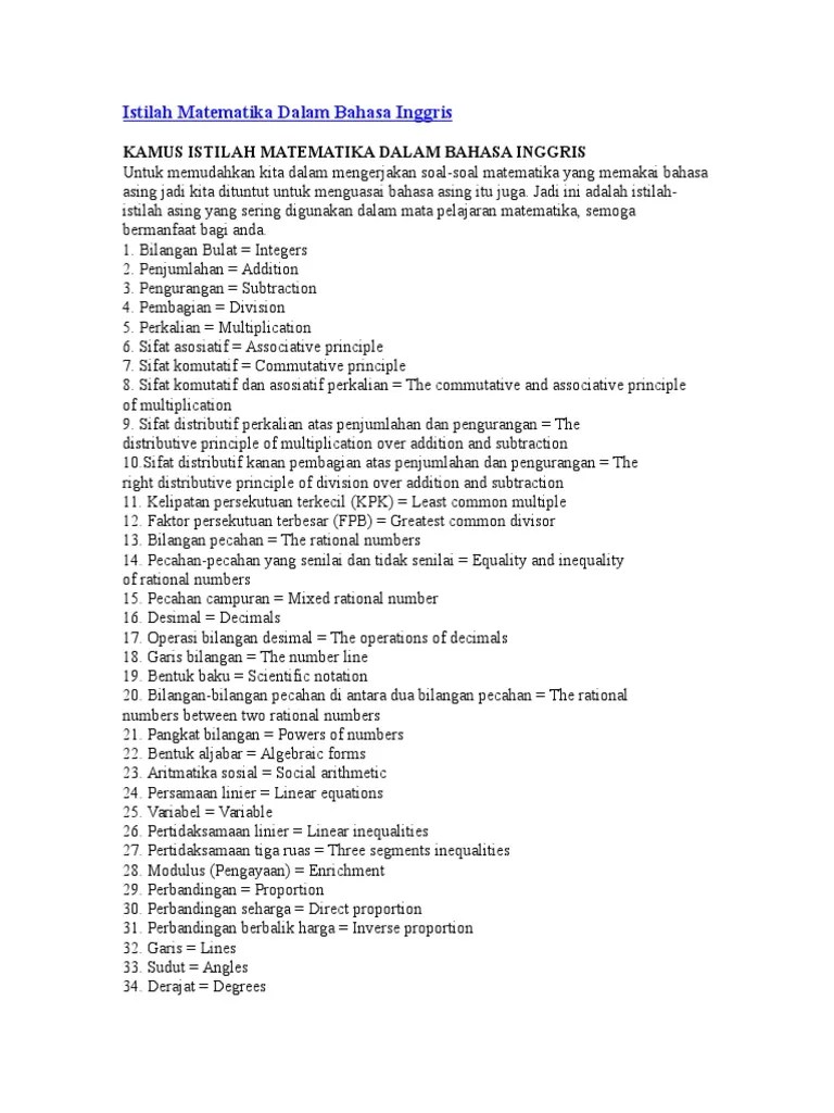 Istilah Matematika Dalam Bahasa Inggris | PDF