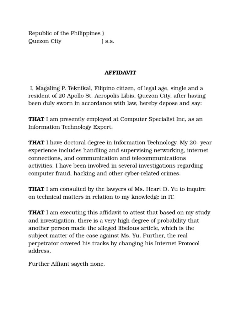 sample Affidavit of Expert Witness Affidavit Common Law