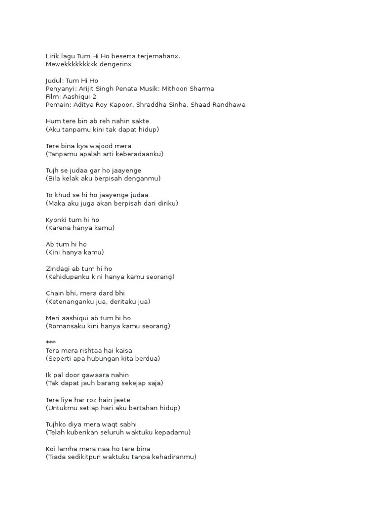 Lirik Lagu Tum Hi Ho Beserta Terjemahanx | PDF