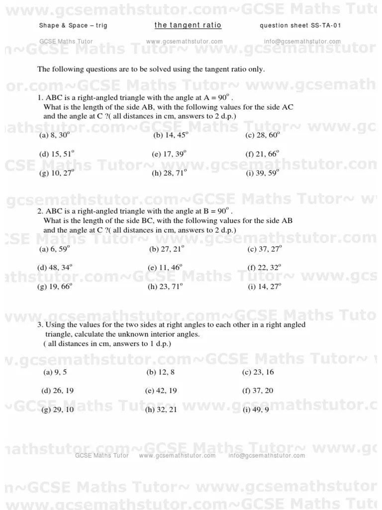 The Tangent Ratio Worksheet, Trigonometry revision from GCSE Maths