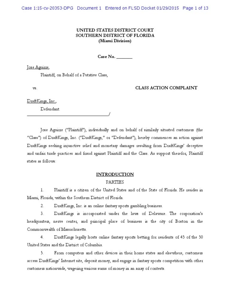 DraftKings Class Action Lawsuit PDF Class Action Personal