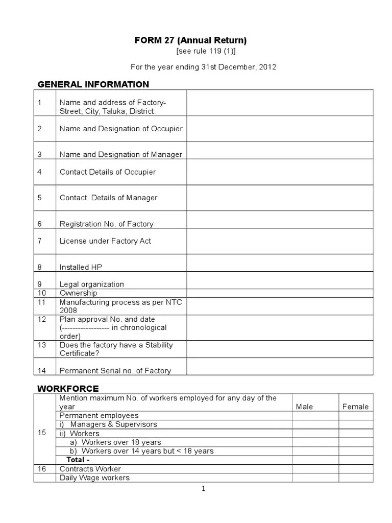 Factory Inspector Form No.27 (New) PDF Overtime Occupational