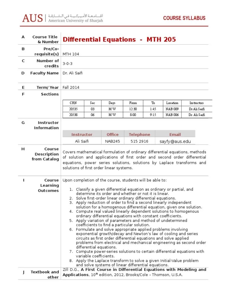 MTH 205 Spring 2015 Syllabus PDF Differential Equations Ordinary