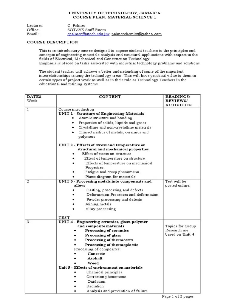 Material Science Course Plan PDF Ceramics Materials Science