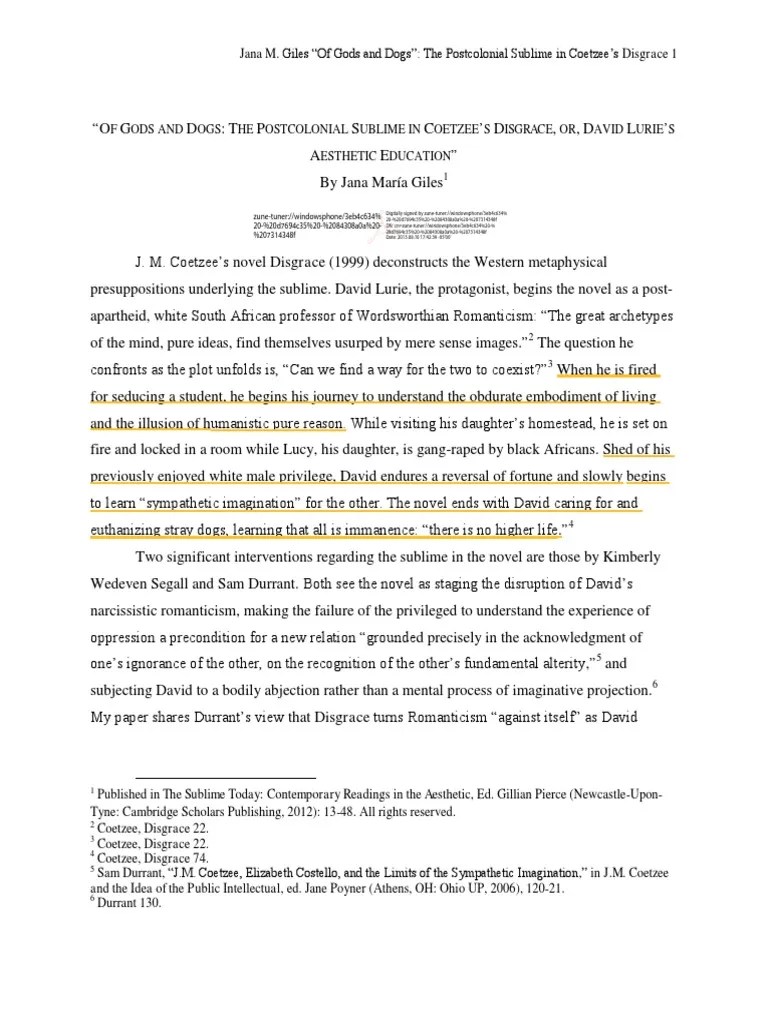 The Postcolonial Sublime in Coetzee's Disgrace, Or, David