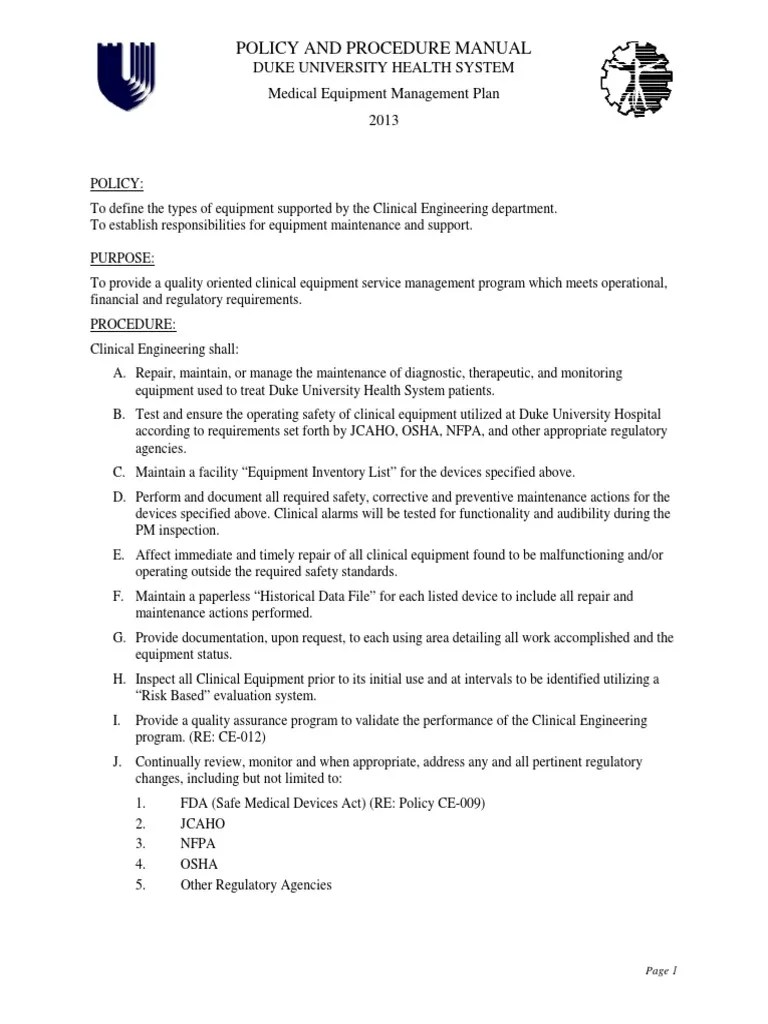 Medical Equipment Management Program PDF Medical Device Risk